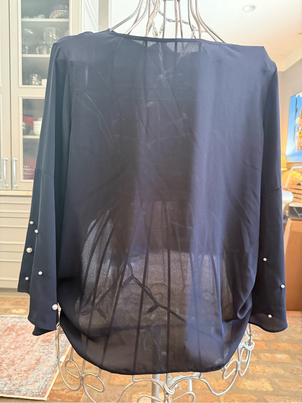 Elegant LOFT Navy Pearl-Accent Blouse – XL
